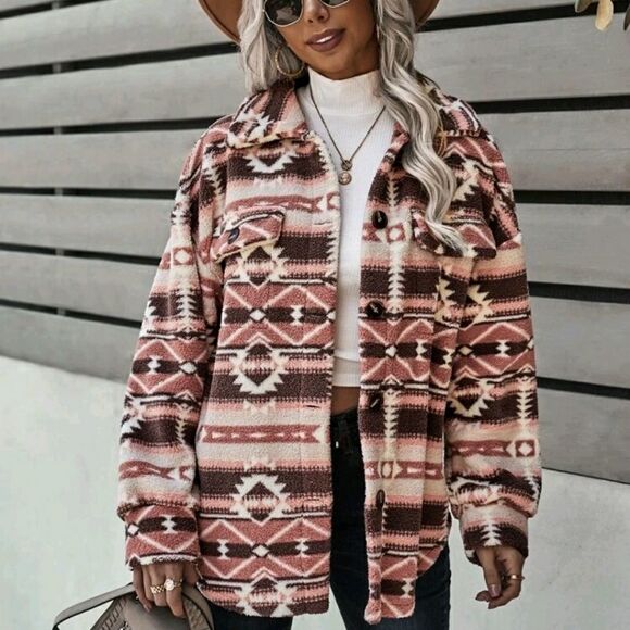 Geo Pattern Drop Shoulder Fleece Coat - Picture 6 of 8